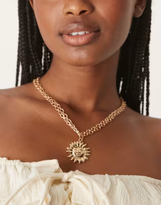 DesignB London double chain necklace with sun pendant in gold | ASOS (Global)