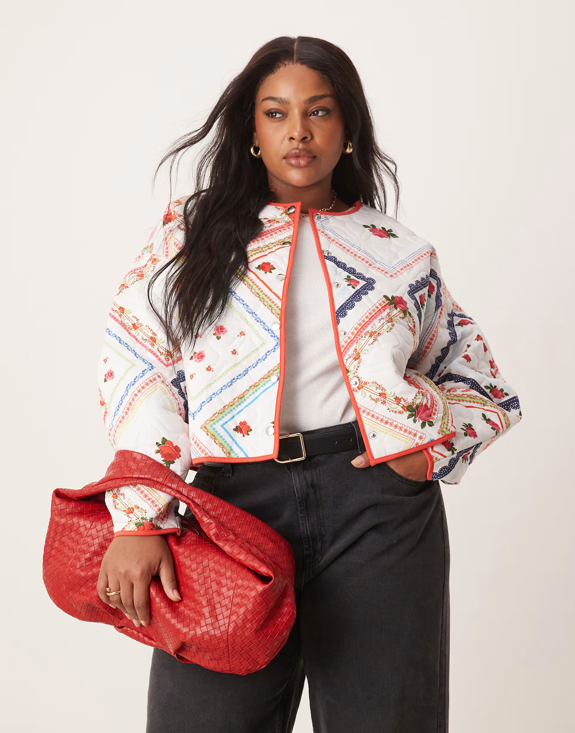 ASOS DESIGN Curve quilted jacket with all over floral design in cream | ASOS (Global)