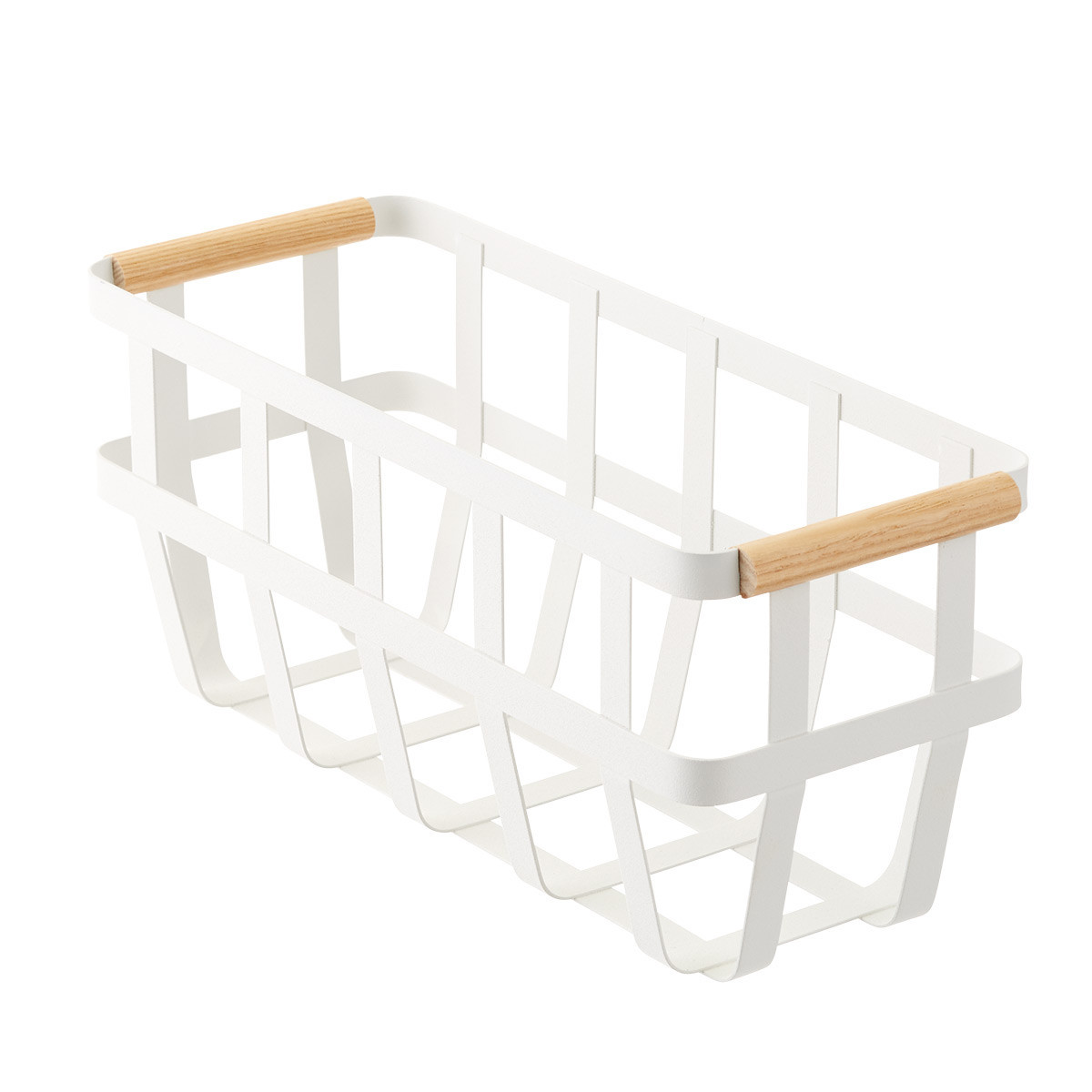 Yamazaki Slim Tosca Basket w/ Wooden Handles White/Natural | The Container Store