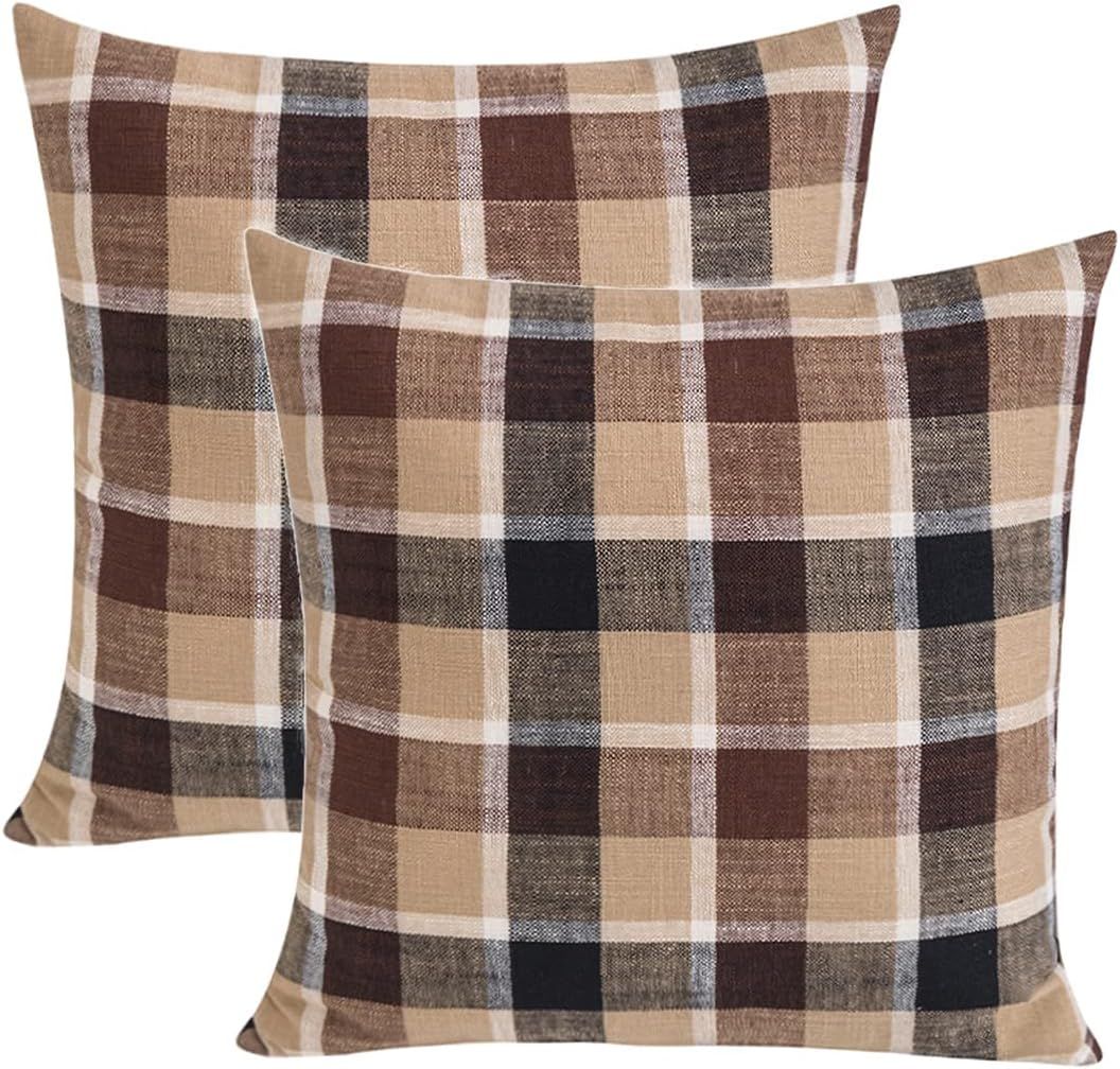 ZUYUSUT Set of 2 Decorative Throw Pillow Covers Farmhouse Buffalo Plaid Check Pillowcase Rustic S... | Amazon (US)
