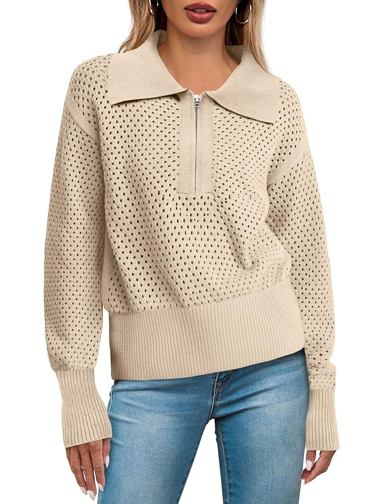 Women's Half Zip Pullover Sweaters Crochet Lapel Collar Long Sleeve Knit Solid Color Jumper Tops | Amazon (US)