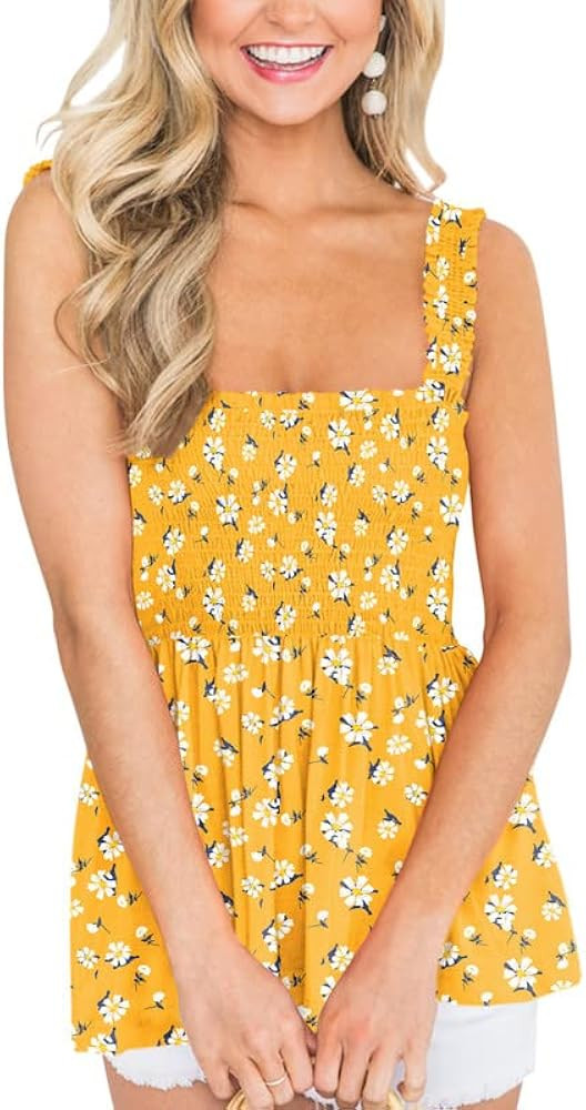 Clarisbelle Women's Summer Ruffle Hem Smocked Tank Tops | Amazon (US)