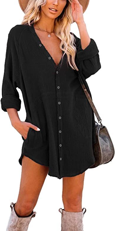 Amazon.com: iGENJUN Women's Long Sleeve Button Down Tunic Dresses with Pockets,S,Black : Clothing... | Amazon (US)