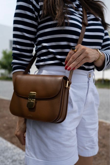 Spring summer style, outfit inspiration, vacation outfit, striped top, white linen shorts, APC leather shoulder bag 

#LTKeurope #LTKSeasonal #LTKstyletip