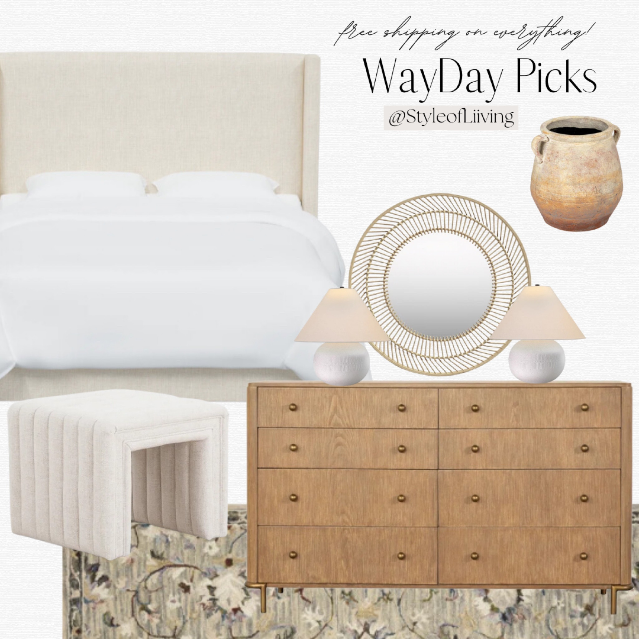 #LTKxWayDay A few of my WayDay sale picks! Bedroom furniture. Bed frame, linen headboard, dresser, ottoman, round wall mirror, table lamps, terracotta pots, area rug.

#LTKsalealert #LTKstyletip #LTKhome