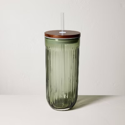 21oz Fluted Glass Tumbler with Wood Lid Green - Hearth & Hand™ with Magnolia | Target