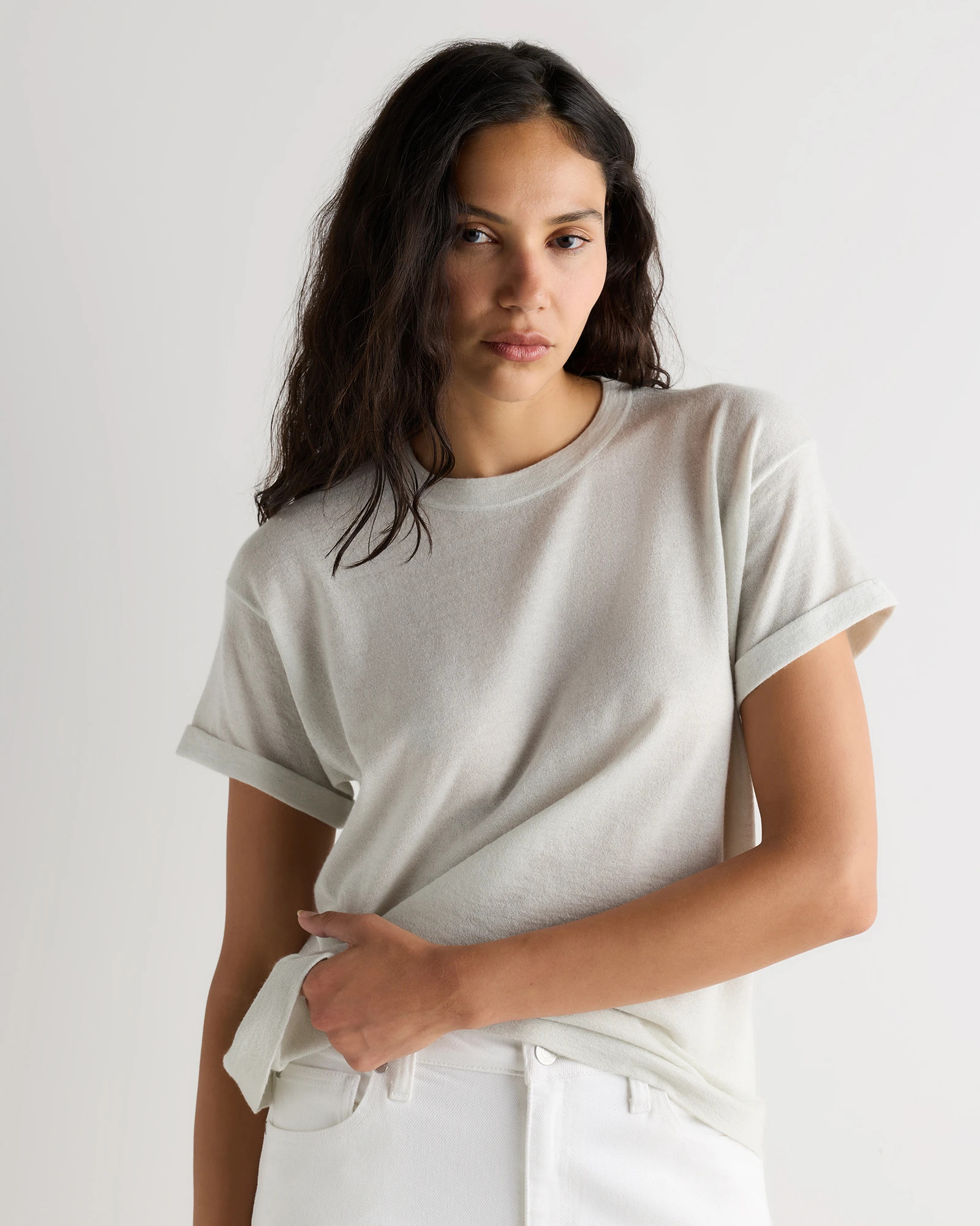 Quince | Women's Cashmere Silk Sparkle Relaxed Sweater T-Shirt in Champagne Luster, Size Small | Quince