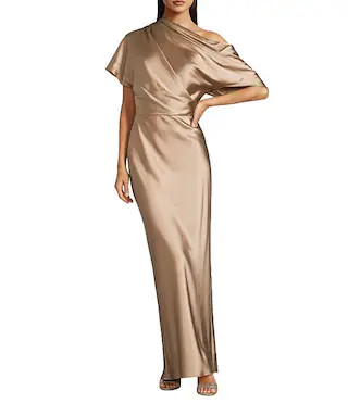 Nancy Stretch Satin One Shoulder Short Sleeve Gown | Dillard's