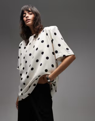 ASOS DESIGN satin shoulder pads t-shirt in cream polka dots | ASOS (Global)