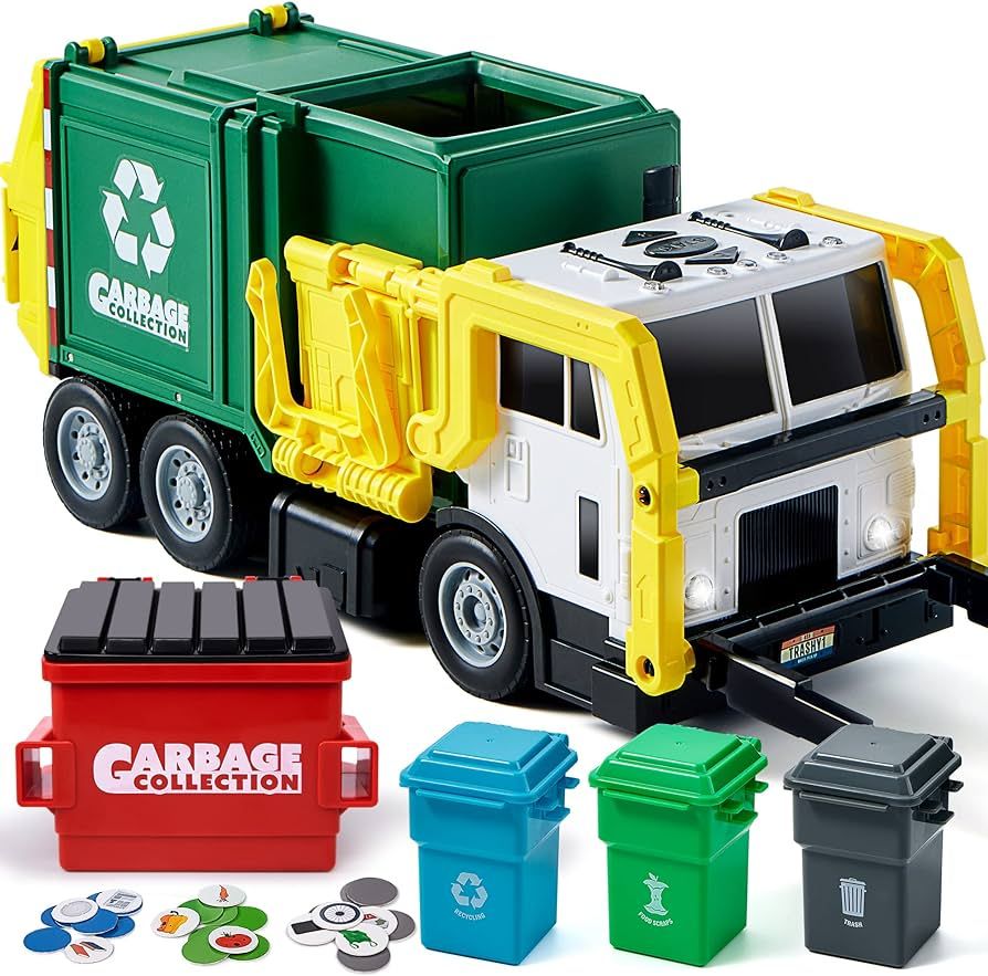 JOYIN Large Friction Powered Garbage Truck Toy Set, Includes Dumpster, Trash Bins, and Learning C... | Amazon (US)