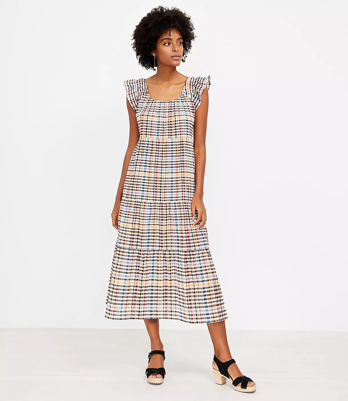 Plaid Tiered Flutter Sleeve Midi Dress | LOFT
