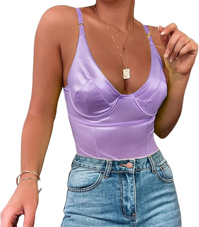 Velius Women's Sexy Deep V Neck Shiny Thong Bodysuit Tank Tops with Underwire | Amazon (US)