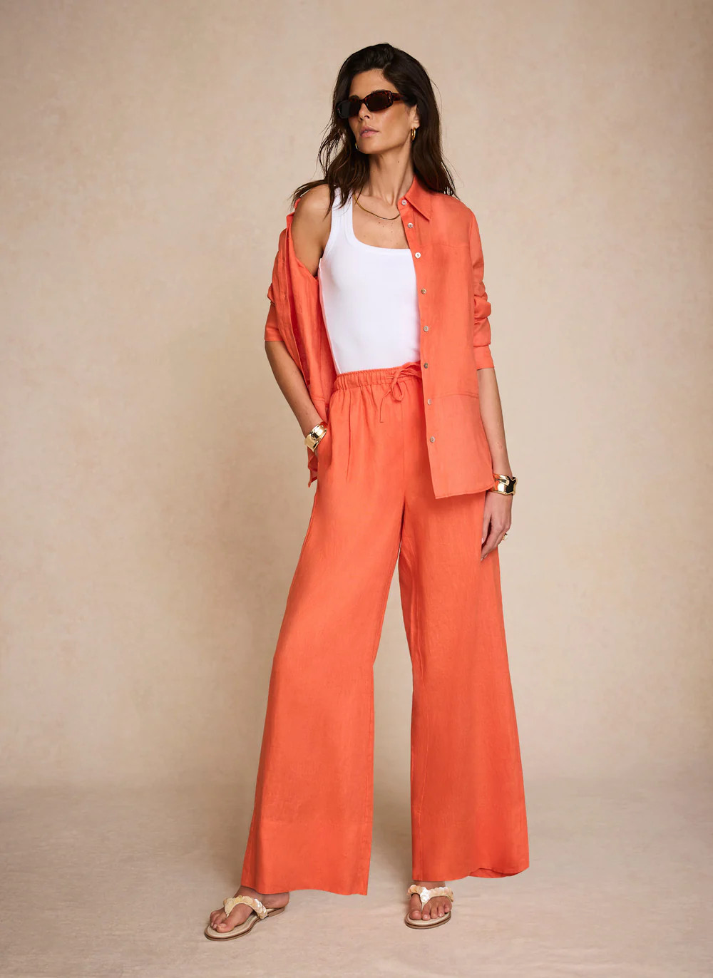 Orange Linen Drawstring Wide Leg Trousers | Mint Velvet