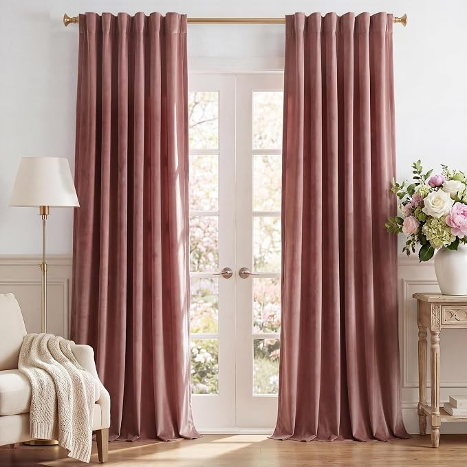 Mauve Velvet Curtains 108 inches Long for Living Room, Wild Rose Back Tab Thermal Insulated Windo... | Amazon (US)
