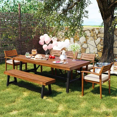 GO Outdoor Wood Dining Set For 7-8 Person, Outdoor Dining Furniture With Removable Cushions, Ergonomic Chairs And Bench, Thicker Table, Nature | Wayfair North America