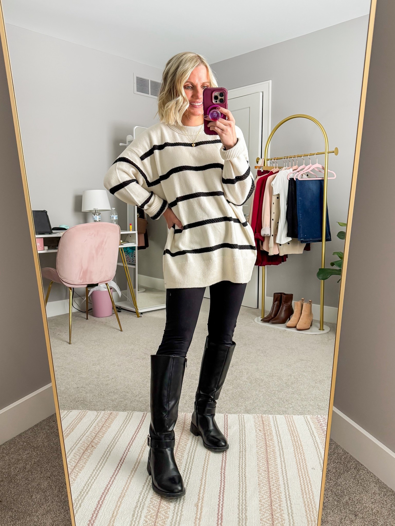 What I wore this week! Cozy oversized striped sweater with fleece lined leggings and tall boots! A class winter outfit! 
Sweater- small, runs big
Leggings- xsmallL

#LTKPetite #LTKootd #LTKSeasonal
