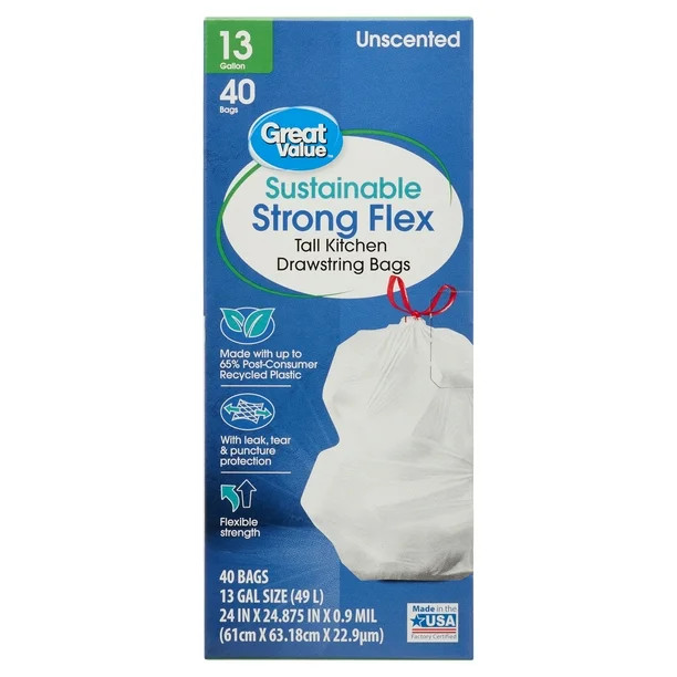 Great Value Sustainable Kitchen Trash Bags, 13 Gallon, 40 Bags (Strong Flex, Drawstring) - Walmar... | Walmart (US)