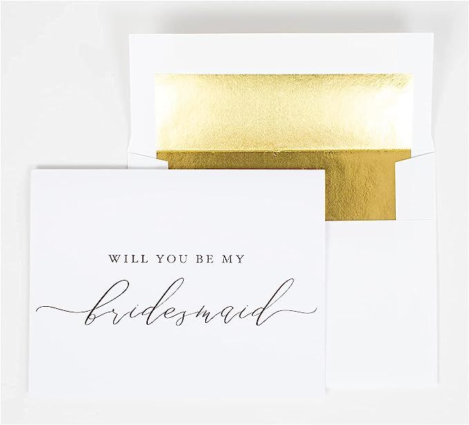 Will You Be My Bridesmaid Cards 4x5.5 Folded White Proposal Card with Black Caligraphy with Gold ... | Amazon (US)