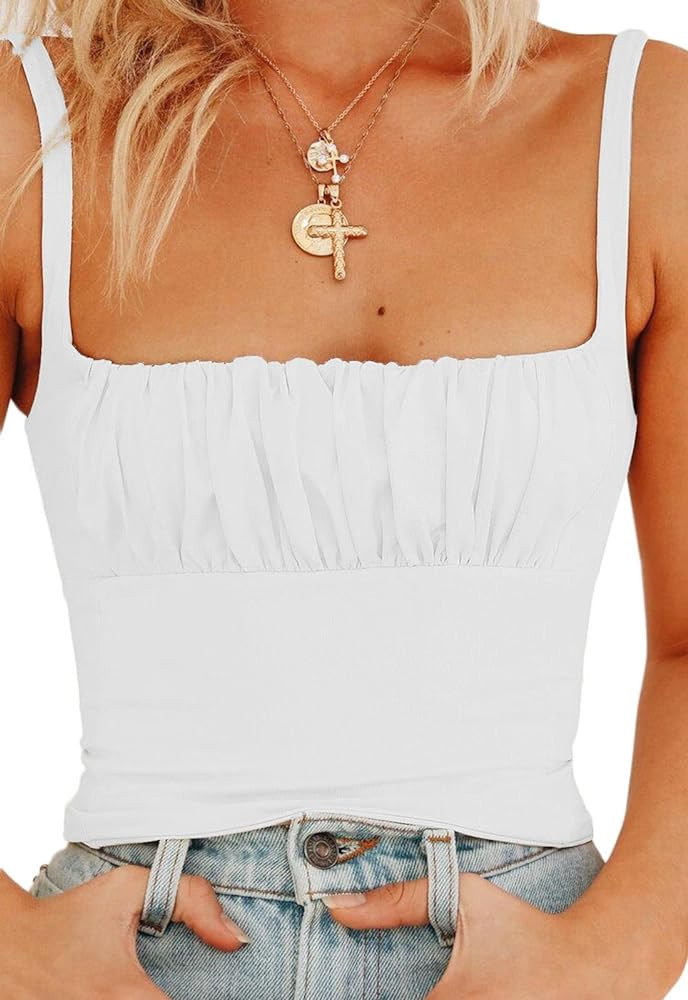Women Crop Tank Top Sexy Square V Neck Double Lined Ruched Corset Cute Cropped Sleeveless Cami Su... | Amazon (US)
