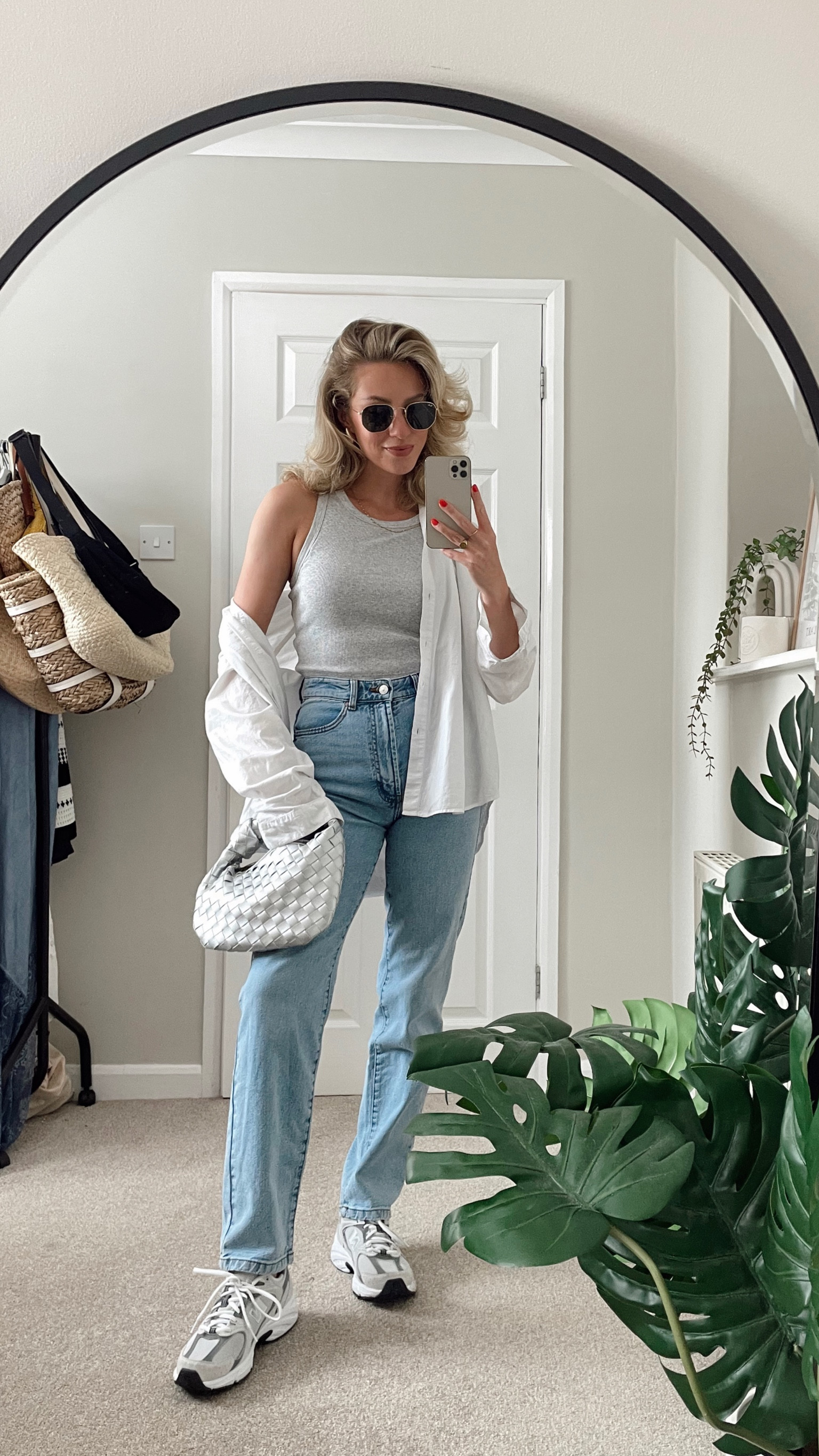 Straight leg jeans from Primark linked similar, white shirt from h&m, grey vest top with hidden bra from uniqlo, silver weave bag from Olivia’s sales on Instagram and new balance 530 in the grey colour way 

#LTKshoecrush #LTKstyletip #LTKSeasonal