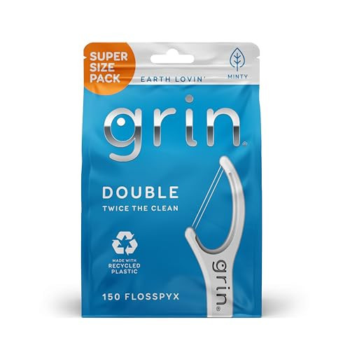GRIN Double Flosspyx, Floss Picks, 150 ct, Dental Flossers, Minty Flavor, Recycled Plastic, 2 Lines of Strong Floss, Longer Floss Head, Traps Food and Plaque, Includes Safe Soft Fold-Back Tooth Pick | Amazon (US)