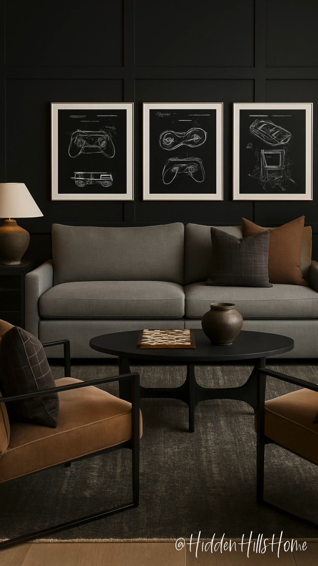 Masculine living room decor, man cave decor ideas, living room mood board, bachelor pad living room, masculine home decor #livingroom 

Wall color is SW Caviar

#LTKSaleAlert #LTKMens #LTKHome