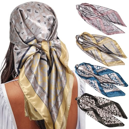 AWAYTR 4-Pack 35" Satin Head Scarves for Women, Silk-like Hair Bandanas | Amazon (US)