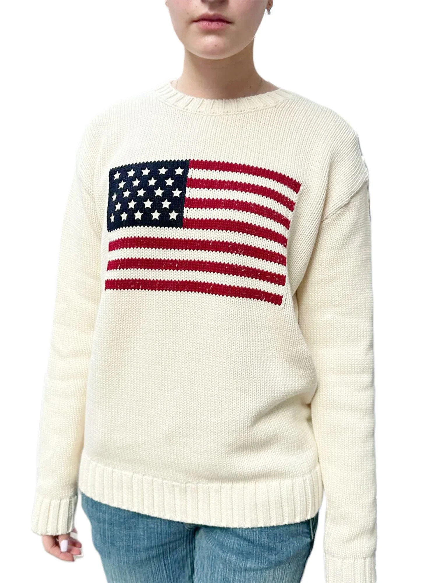 YiLvUst Women's Sweater Stars Stripe Flag Print Long Sleeve Pullovers Loose Casual Knit Jumpers | Walmart (US)