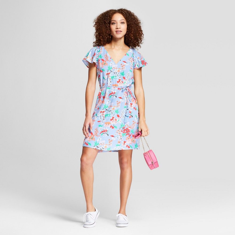 Women's Floral Print Ruffle Sleeve Crepe Dress - A New Day Light Blue S | Target