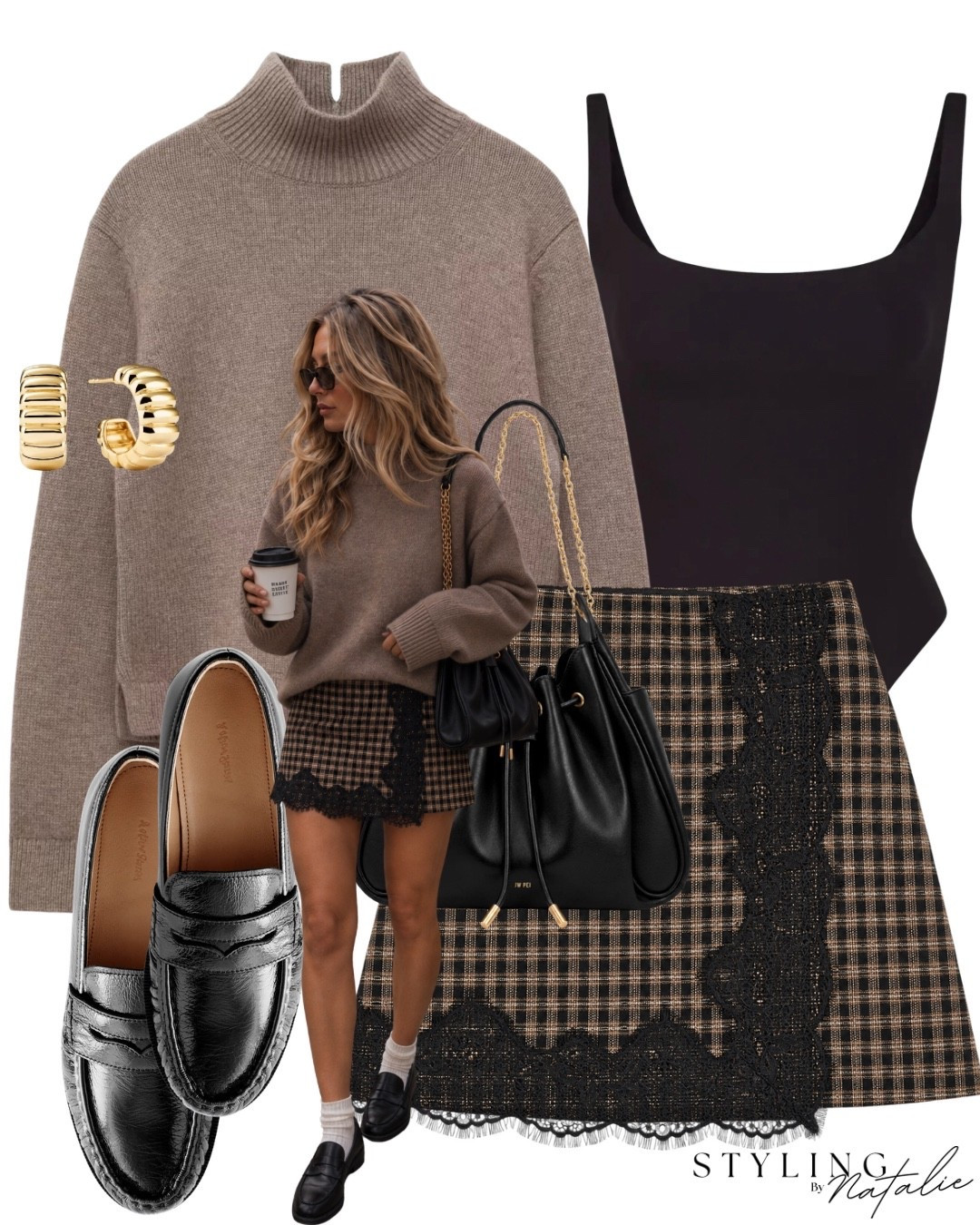 Mock neck knit jumper, square neck bodysuit, checked print skort with penny loafers and socks, quilted bucket bag, neutral tones. Taupe, skirt, autumn outfit, fall outfit, preppy casual chic @Mejuri gold hoop earrings, skims bodysuit

#LTKautumn #LTKuk #LTKFashionMonth