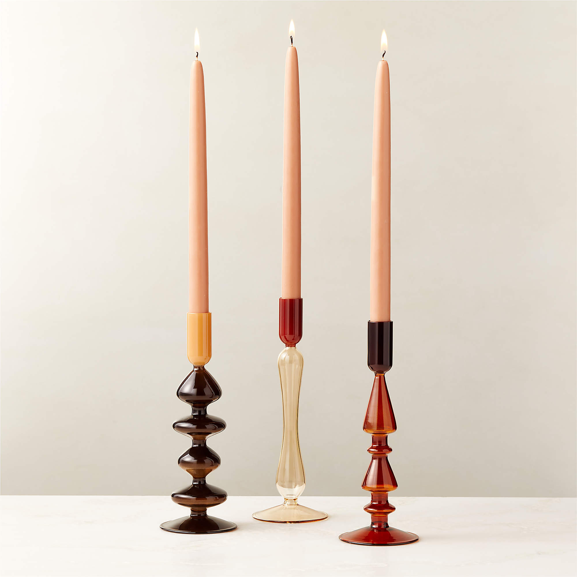 Kava Warm Toned Glass Taper Candle Holders Set of 3 + Reviews | CB2 | CB2