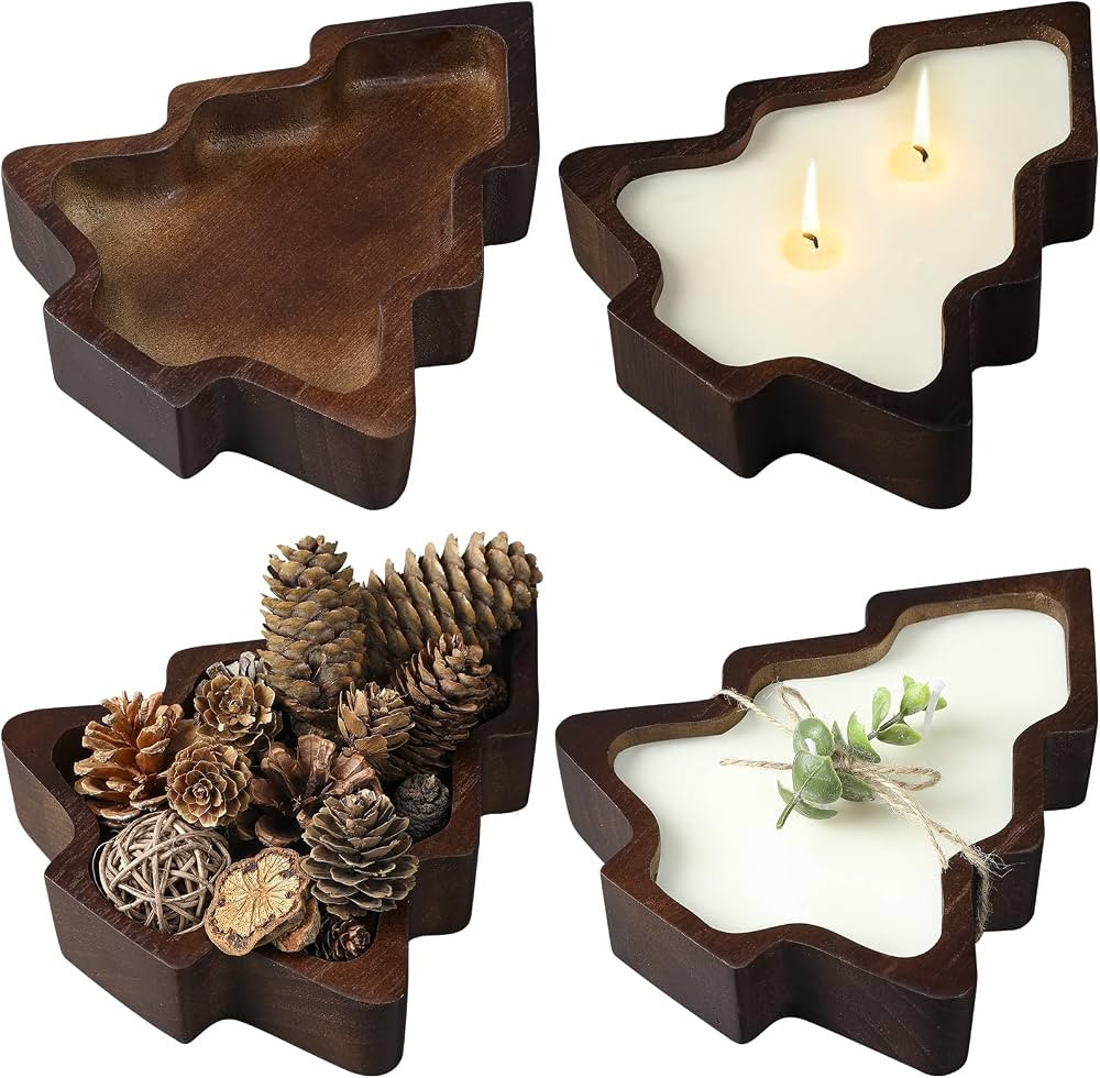 4 Pcs Christmas Wooden Candle Bowl Christmas Tree Shaped Tray Dough Charcuterie Board Rustic Xmas... | Amazon (US)