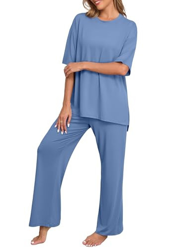 PrinStory Womens Lounge Sets Soft Pajamas Woman Pj Sets Womens 2 Piece Pajamas Set Soft Pjs Loungewear with Pockets Gray Blue-S | Amazon (US)