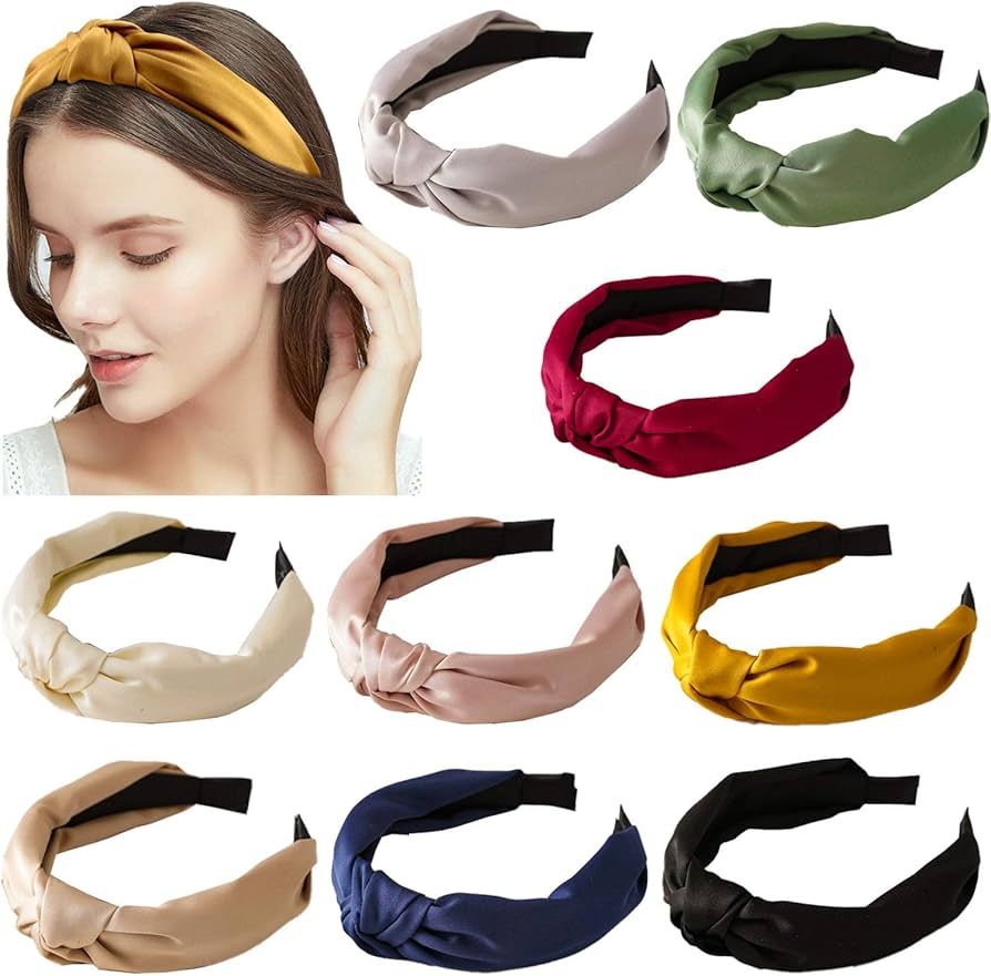 9 Pack Women Top Knotted Headband Silk Cross Twist Hairband Wide Stain Headband Girls Elastic Hai... | Amazon (US)
