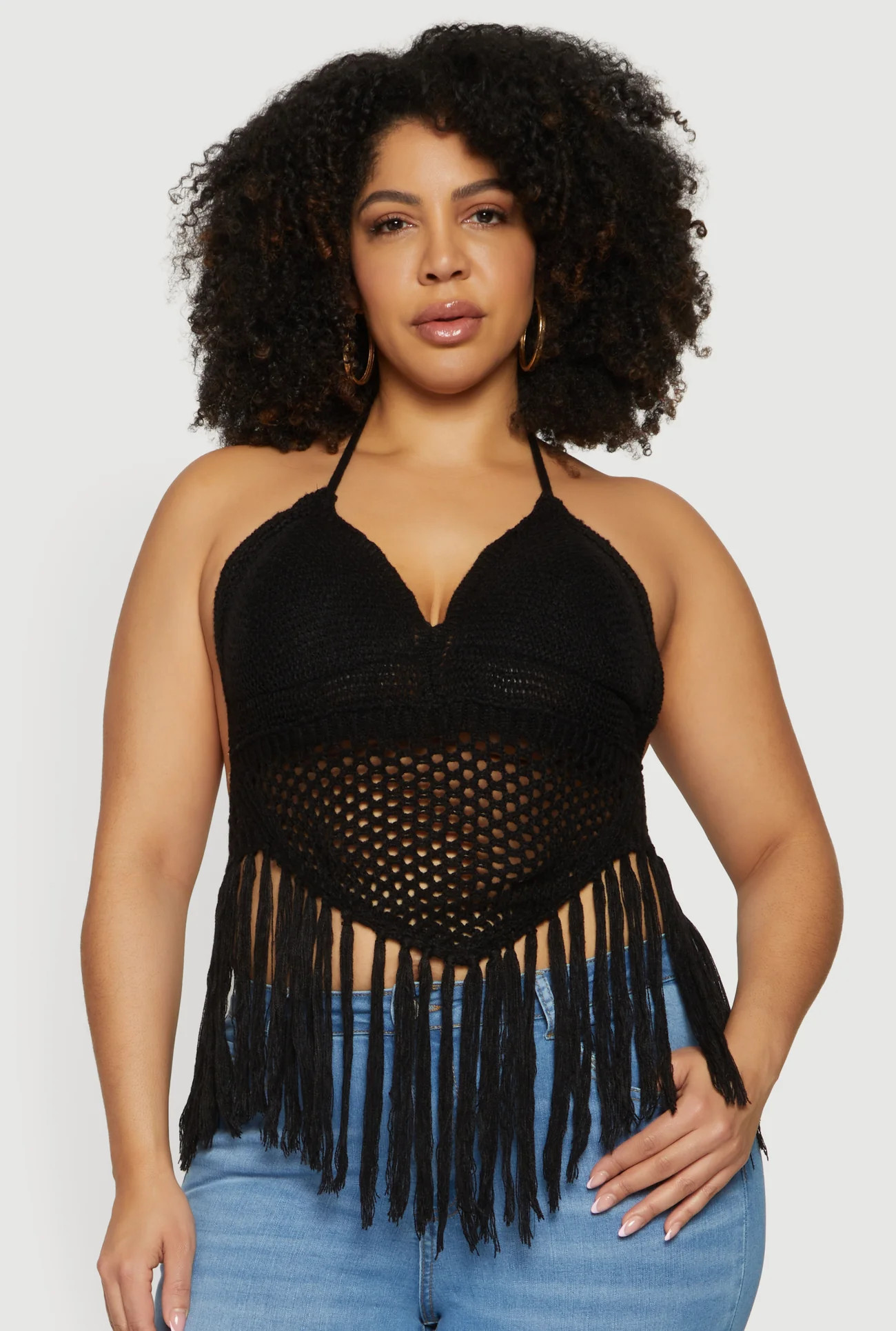 Plus Size Crochet Tie Back Fringe Halter Top | Rainbow Shops