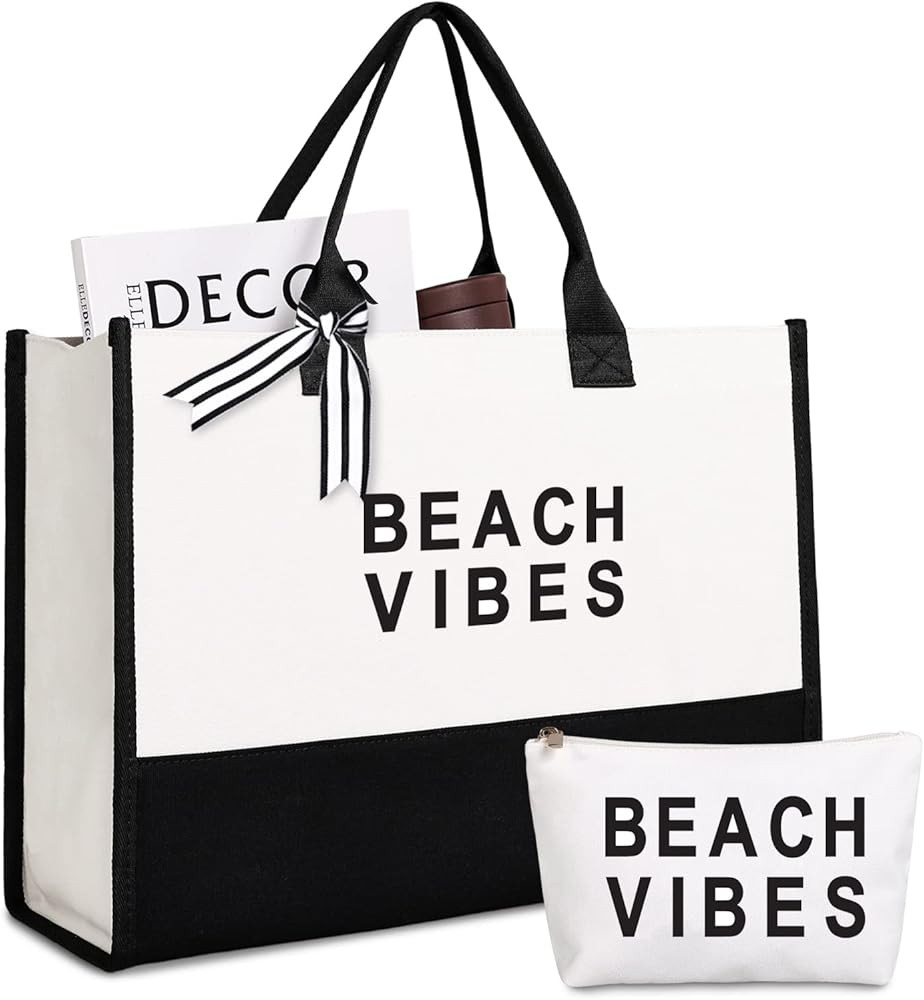 Lamyba Beach Bag with Makeup Bag, Canvas Beach Tote Bags for Women, Black and White | Amazon (CA)
