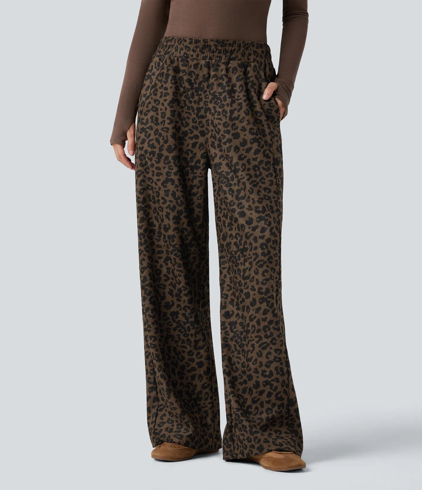 Women’s High Waisted Straight Leg Mop Leopard Print Corduroy Casual Pants with Pockets - Halara | HALARA