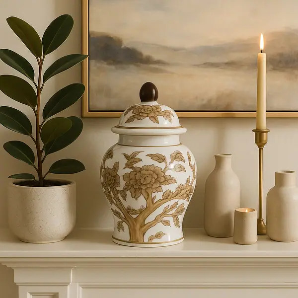 Decorative Tall Chinoiserie Jar with Lid - White & Brown, 9" - Bed Bath & Beyond - 43337017 | Bed Bath & Beyond