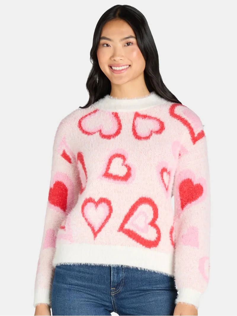 99 Jane Street Women's Heart Print Pullover Sweater, Midweight, Sizes XS-XL | Walmart (US)