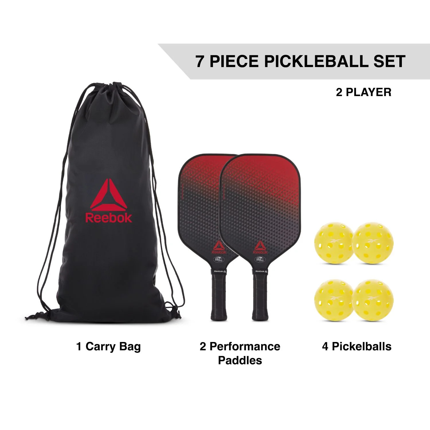 Reebok 7 Piece Pickleball Equipment Set, 2 Players, 2 Fiberglass Paddles, 4 Pickle Balls, Carry B... | Walmart (US)