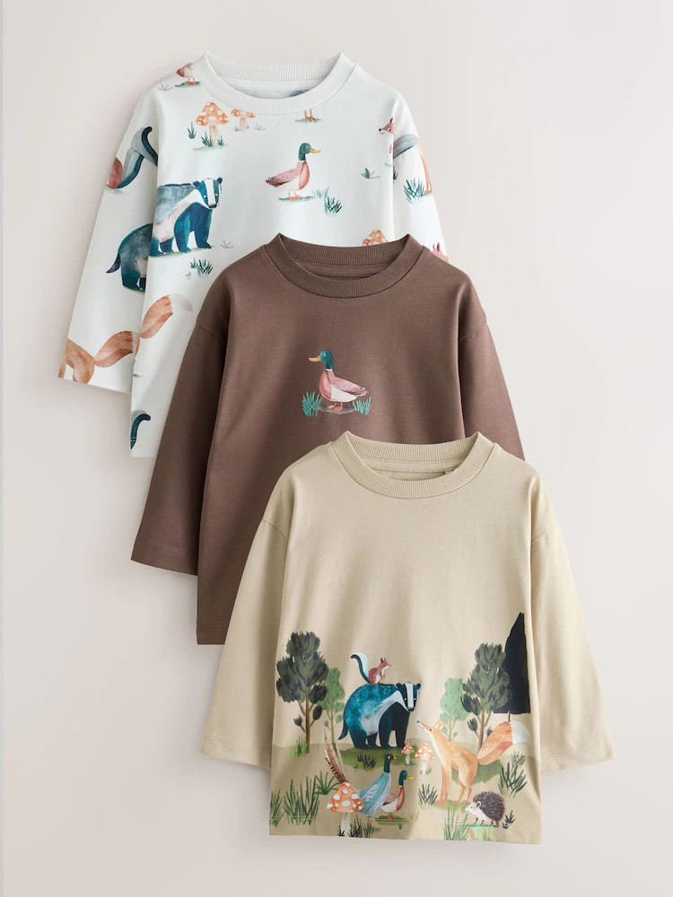 Neutral/Tan Woodland Watercolour Long Sleeve Graphic T-Shirts 3 Pack (3mths-7yrs) | Next US