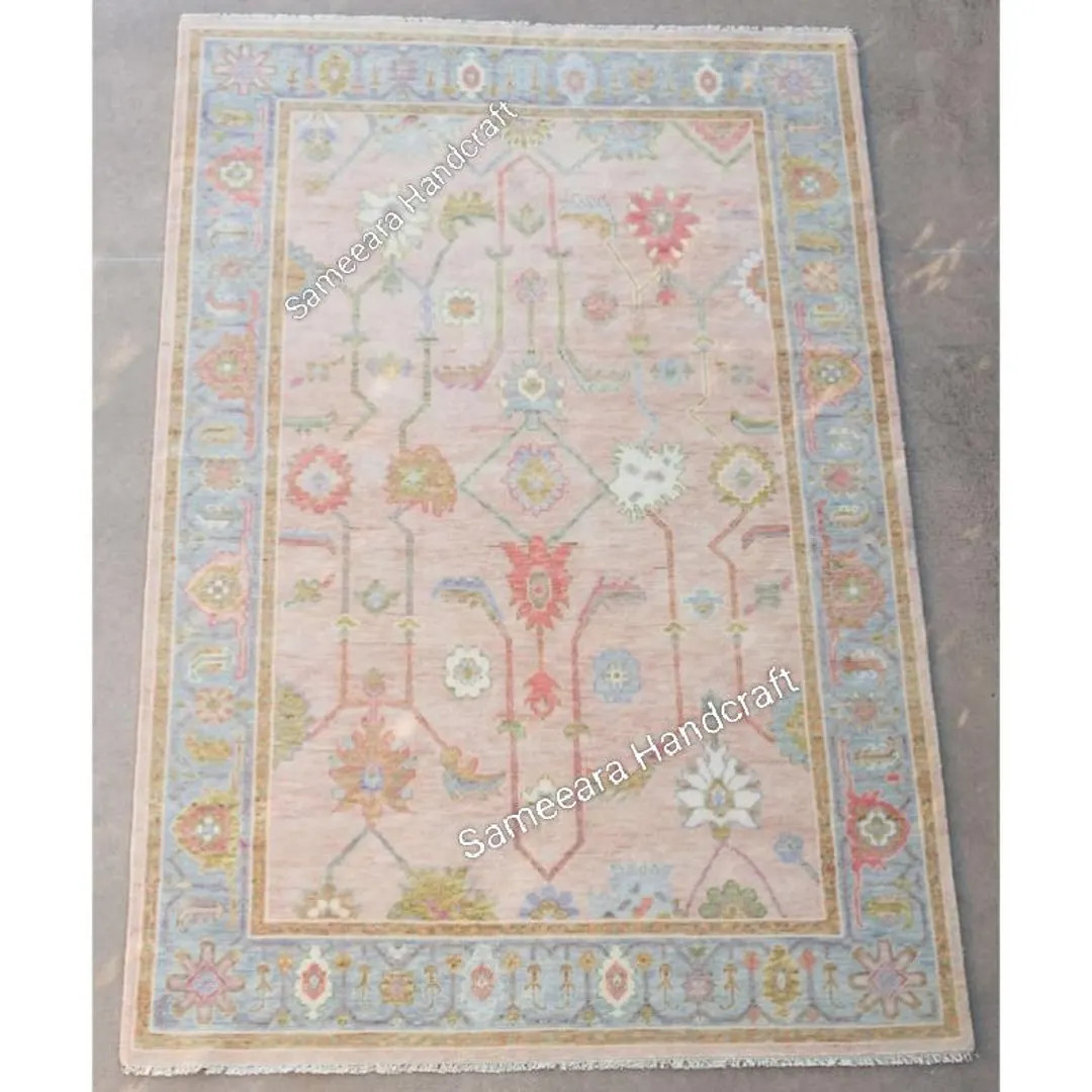 Pink Turkish Oushak Rug 8x10: Pink & White Wool Area Rug, Hand-knotted Oriental Rug for Dining an... | Etsy (US)