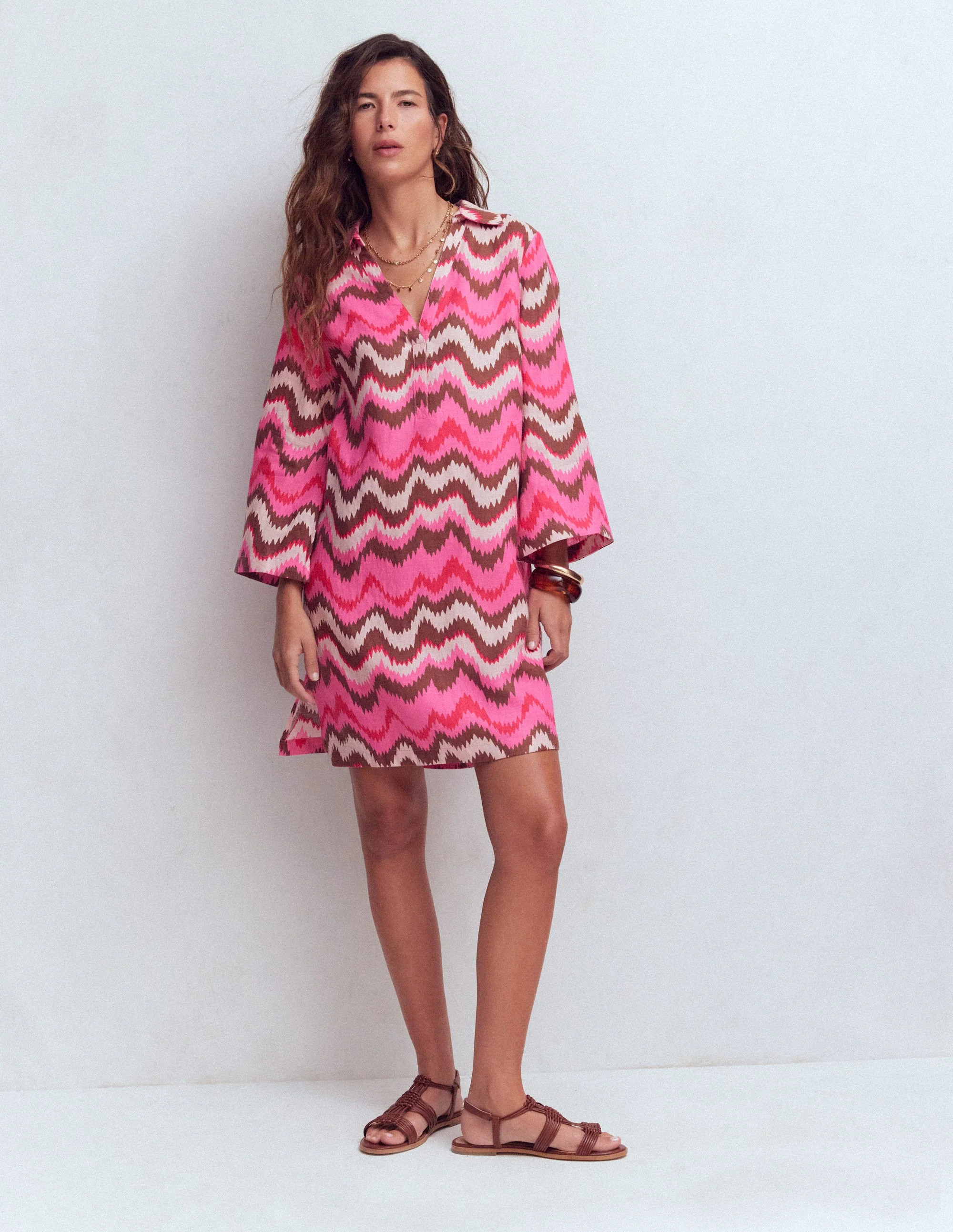 Carmen Linen Short Dress-Pink, Zig Zag Wave | Boden (US)