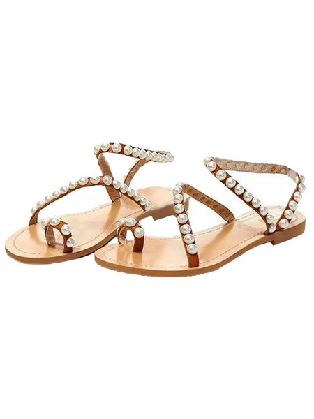 'Luna' Pearl Studded Tan Leather Sandals | Goodnight Macaroon
