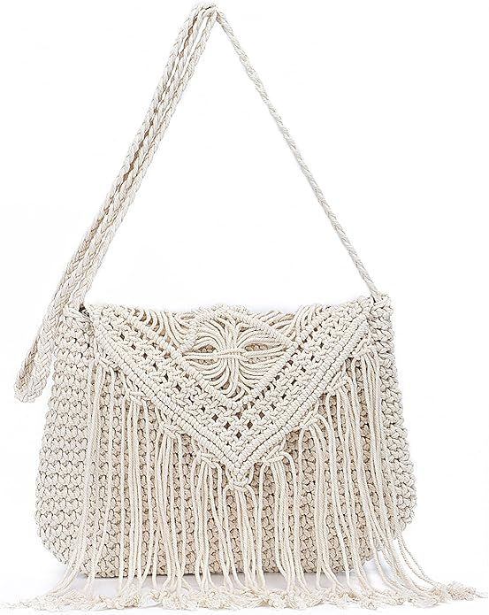 Retro Crochet Crossbody Shoulder Bag for Women Woven Fringe hobo bags Summer Beach Handmade Purse | Amazon (US)
