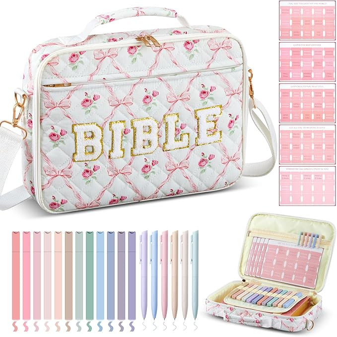 Quilted Bible Cover Case for Women 12 x 9 x 2.5 Inch Chenille Letter Bible Bag with Shoulder Stra... | Amazon (US)