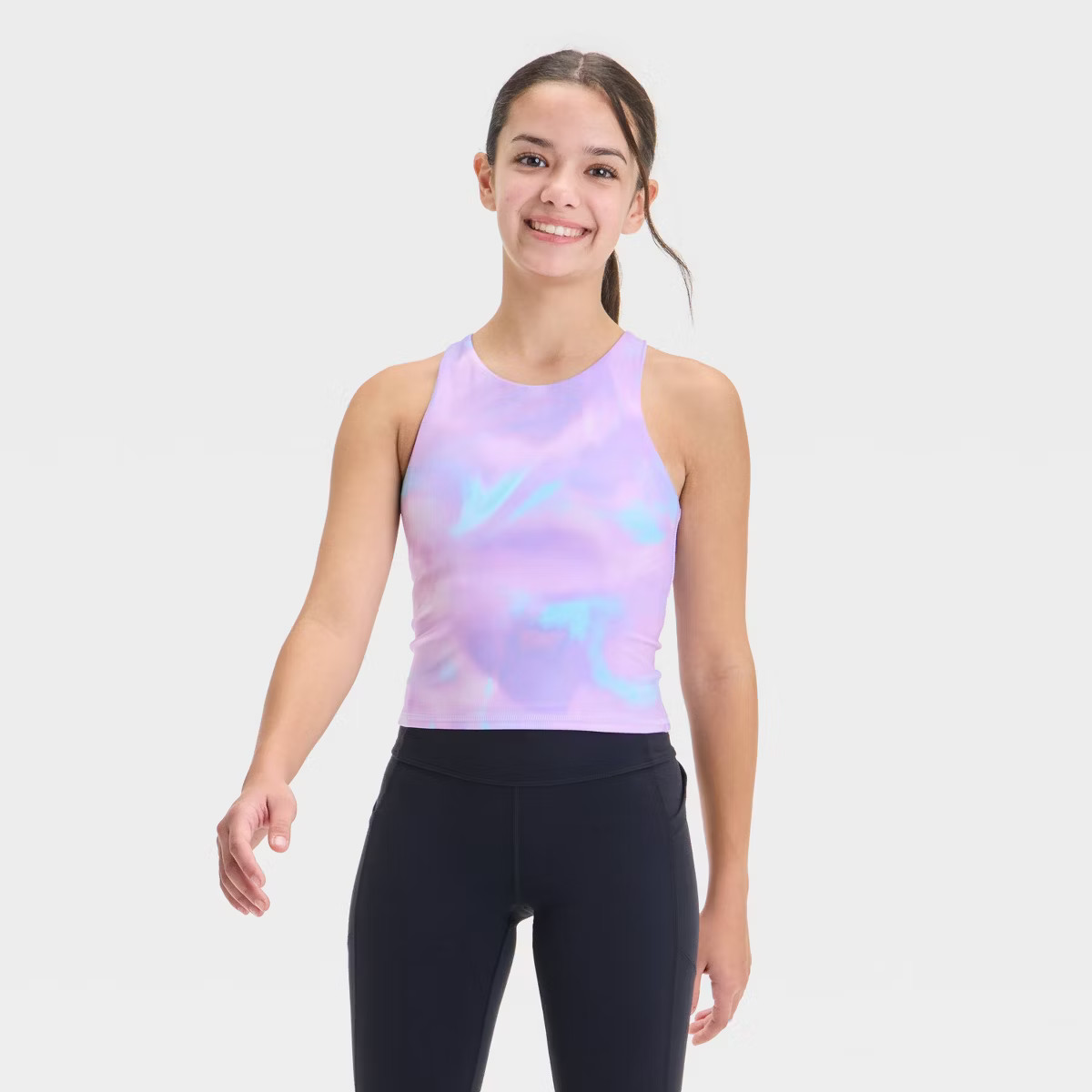 Girls' Strappy Crop Tank Top - All In Motion™ Purple Print XL: Moisture Wicking, Abstract Patt... | Target