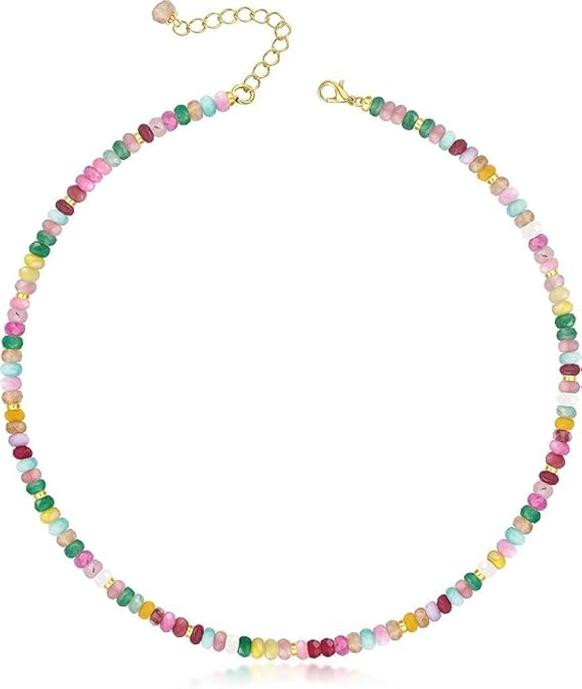Turquoise Beaded Choker Necklace for Women, 14K Gold Plated Natural Gemstone Crystal Choker, 16"+... | Amazon (US)