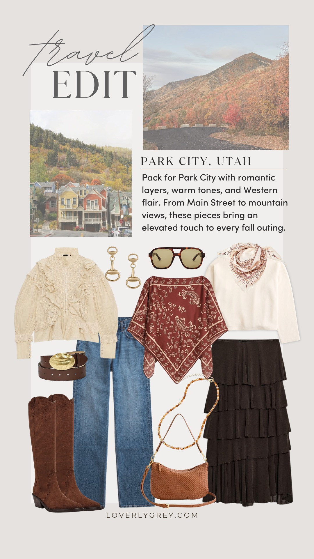 I am obsessed with this edit! If you are going out west, this look is for you! The suede and leather accents with the ruffles and feminine details are so good. 😍 perfect for your next trip and beyond!

Loverly grey, travel edit, Park City fall outfits, Utah travel style, early fall fashion, mountain getaway outfits, elevated Western style, neutral fall outfits, fall layering pieces, wide leg jeans, suede boots, fall travel wardrobe, women’s fall fashion 

 #LTKootd #LTKSeasonal #LTKTravel