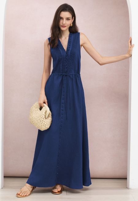 V-Neck Buttoned Sleeveless Dress in Indigo for Tropical Vacations & Beachside Dinners | Chicwish